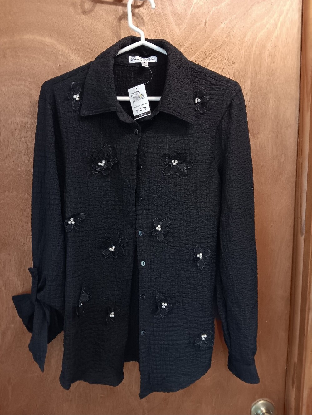 Stem & Vine Black Textured Button-Up Top
